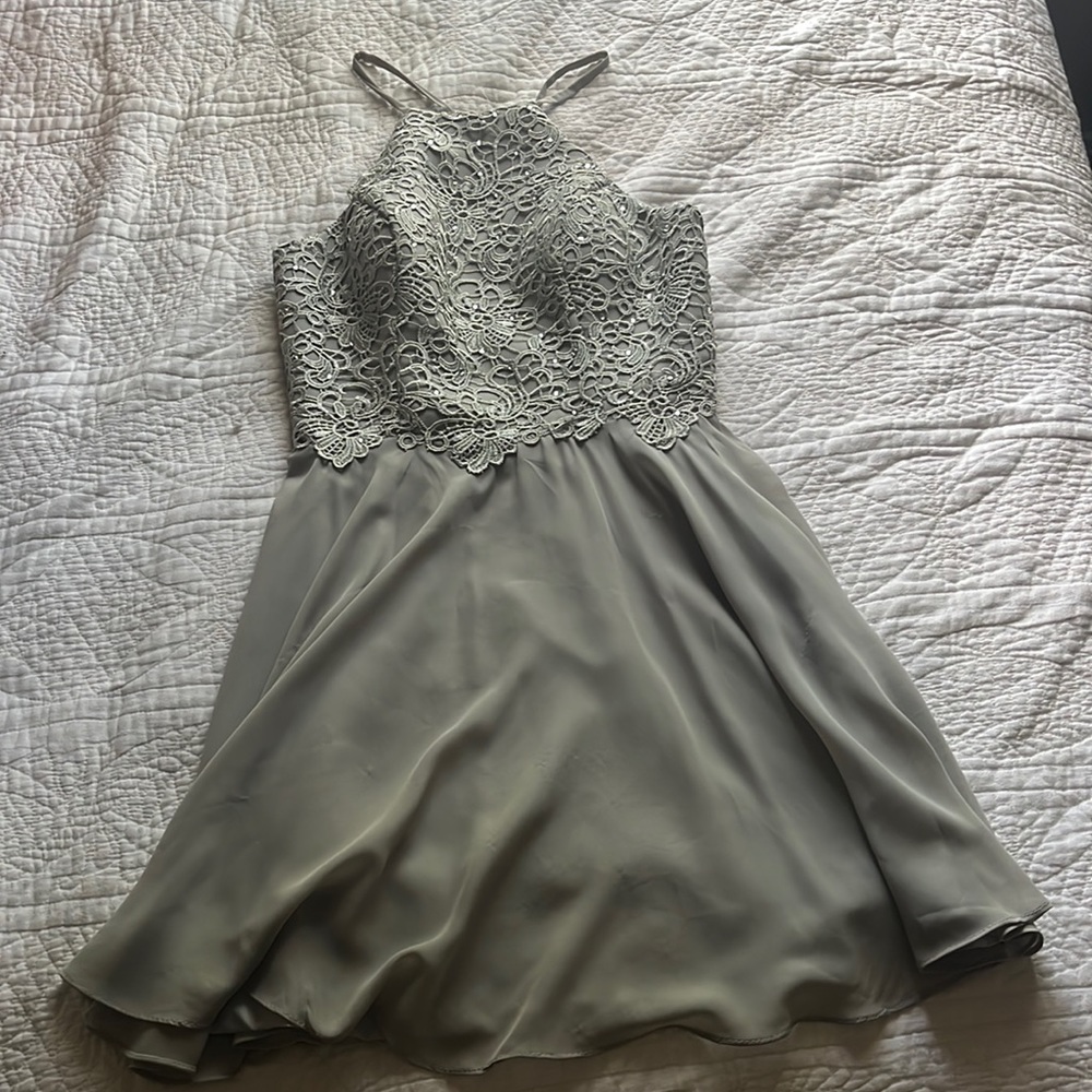 Formal, silver, mini dress